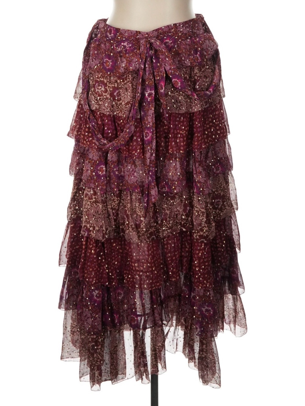 Ulla Johnson Silk Floral Tiered Ruffle Midi Skirt Burgundy Purple - Picture 2 of 6